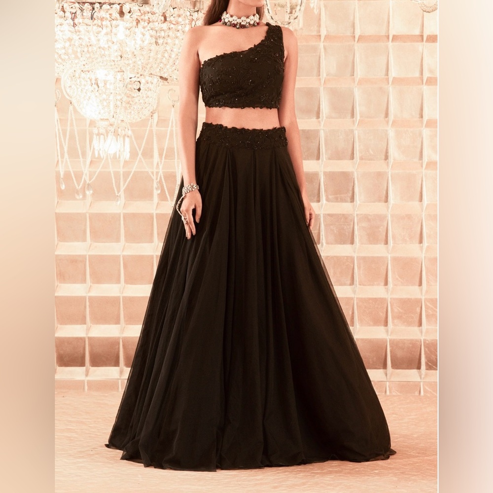 Black Lehenga Net One Shoulder Hand Embroidered Set